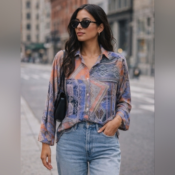 Handmade Tops - HANDMADE & VINTAGE | Abstract  Patterned Long Sleeved Blouse/Shirt